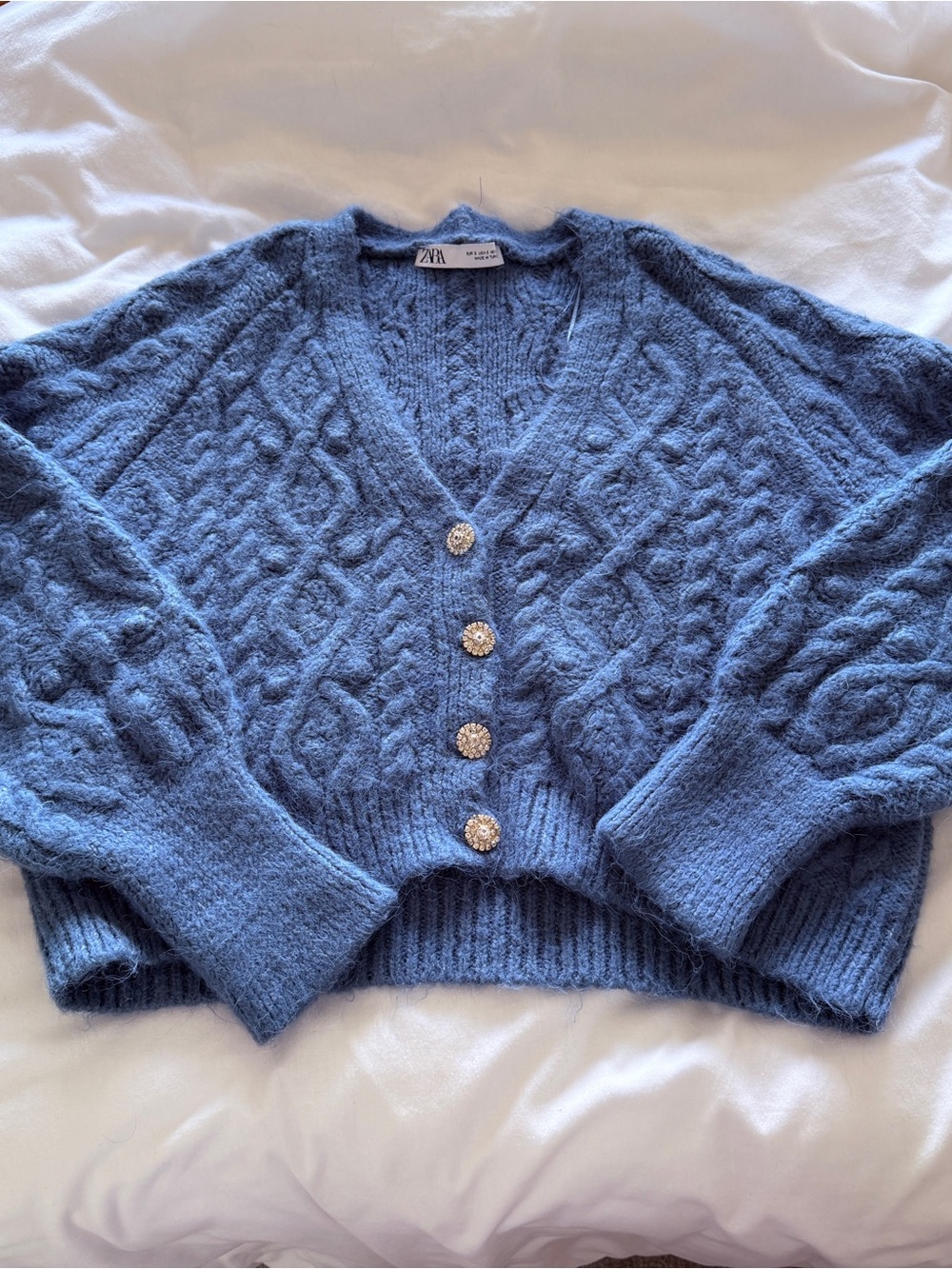Zara Dusty Blue Cable-Knit V-Neck Cardigan with Decorative Buttons